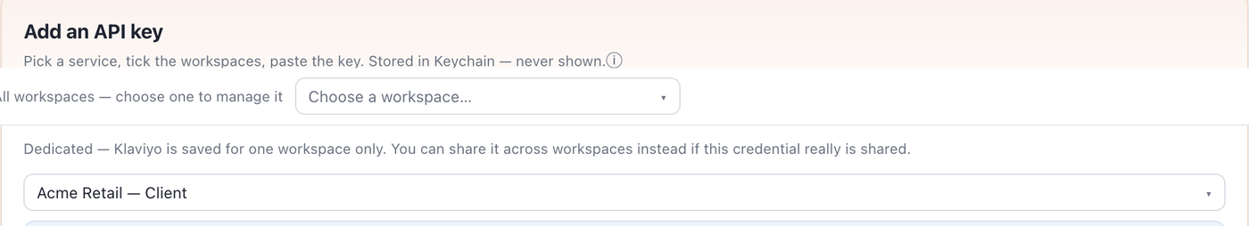 Outloop's Add an API key card with Klaviyo selected, showing the dedicated-versus-shared explanation and the workspace picker set to a placeholder client workspace.