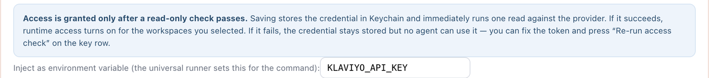Outloop's callout stating that access is granted only after a read-only check passes, above the environment variable name used by the universal command runner.