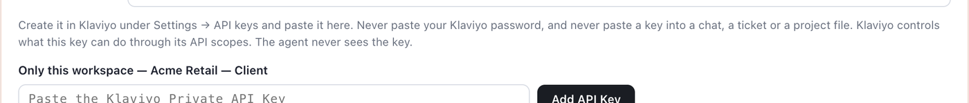 The empty Paste the Klaviyo Private API Key field in Outloop, scoped to a single workspace, next to the Add API Key button.