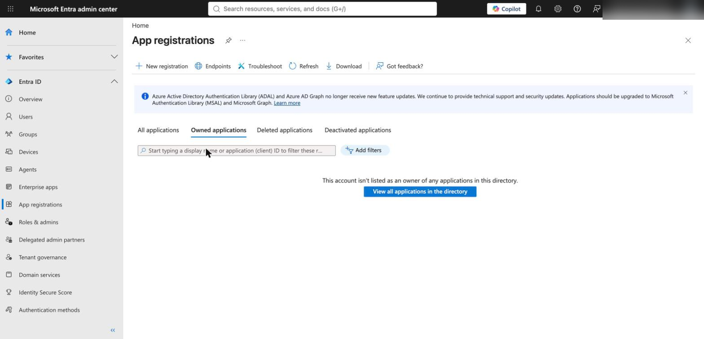 Microsoft Entra admin center App registrations page with the New registration button.