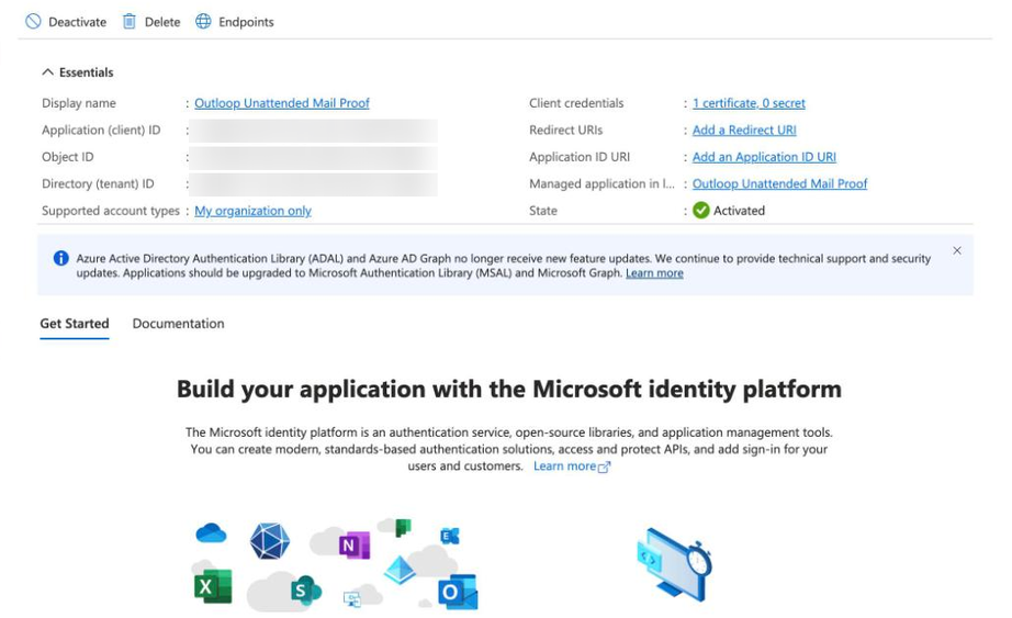 Microsoft Entra app registration Overview showing Application client ID, Object ID and Directory tenant ID, with client credentials listed as one certificate and zero secrets.