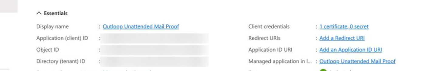 Close-up of the Microsoft Entra app Overview essentials panel highlighting where the client ID and tenant ID appear.