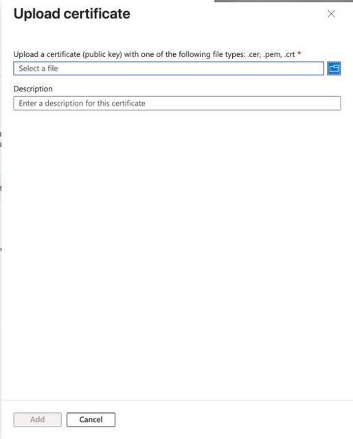 Microsoft Entra Upload certificate panel showing the accepted public key file types cer, pem and crt.