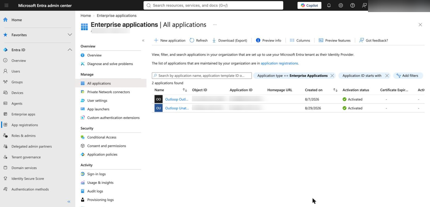 Microsoft Entra Enterprise applications list showing the registered application with its Object ID and Application ID columns.