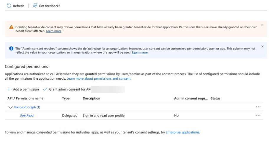 Microsoft Entra API permissions blade showing only the default delegated User.Read permission and no application Mail permissions.