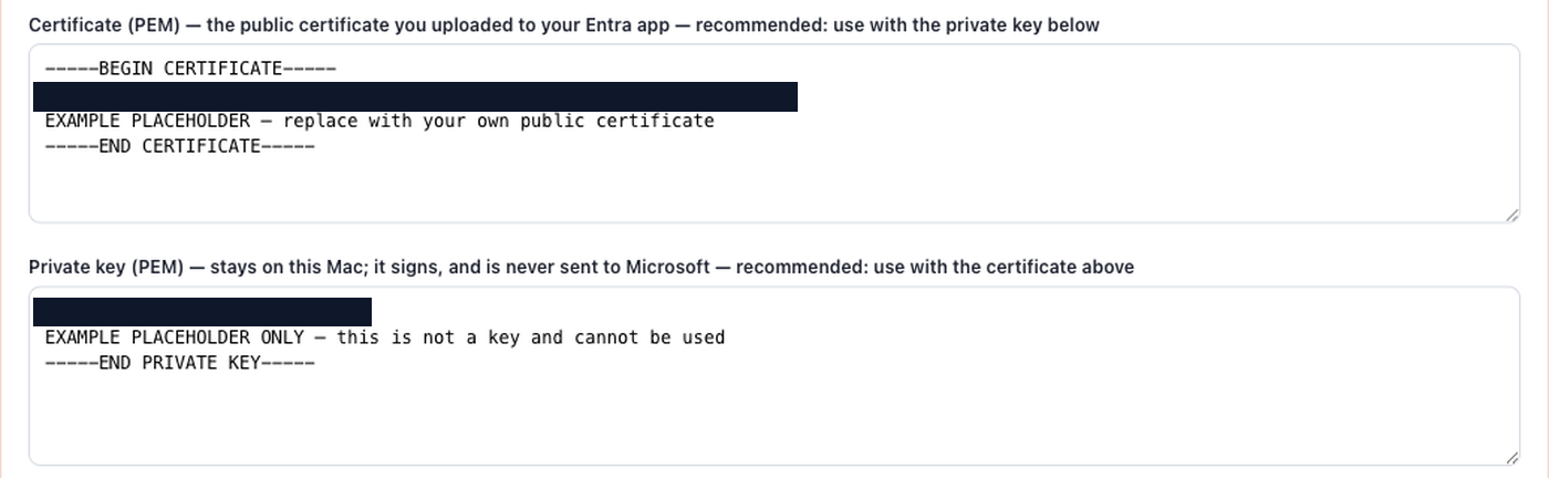 Outloop certificate and private key PEM input fields for the Microsoft 365 Mail unattended connector.