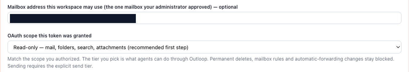 Outloop mailbox pin field and OAuth scope tier selector for the Microsoft 365 Mail connector.