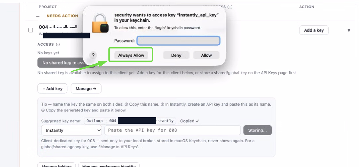 macOS Keychain prompt asking to access the instantly_api_key, with Always Allow highlighted.