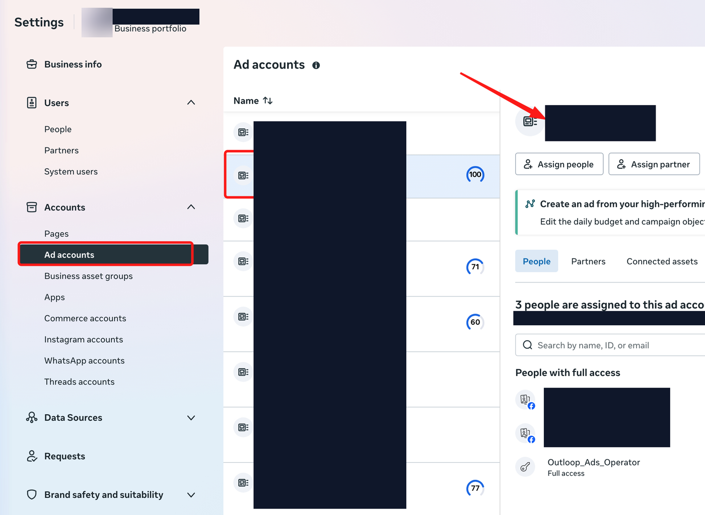Meta Business Settings Ad accounts page showing where the numeric Meta ad account ID appears in the account details panel, with account names redacted.