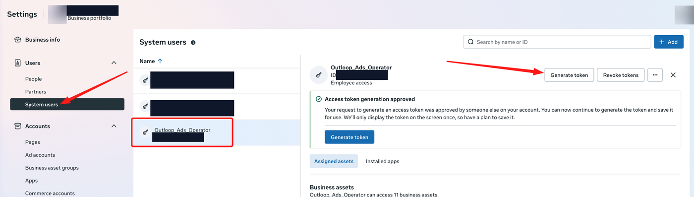 Meta Business Settings System users page with a dedicated system user selected and the Generate token button highlighted.