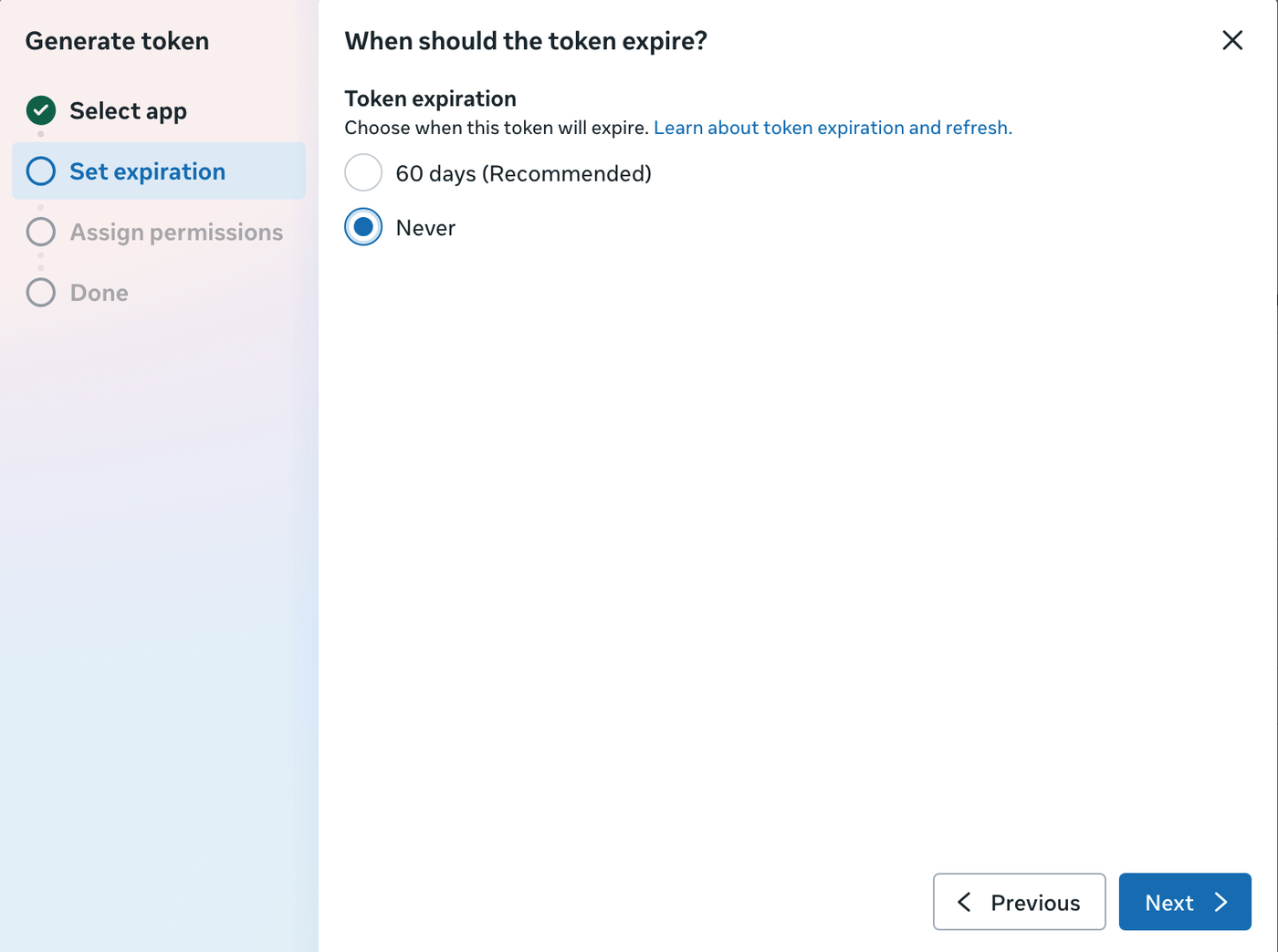 Meta token expiration step showing the 60 days and Never options for a System User access token.