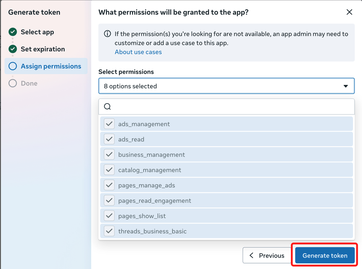 Meta assign permissions step showing ads_management, ads_read, business_management and optional page, catalog, and Threads permissions selected before generating the token.