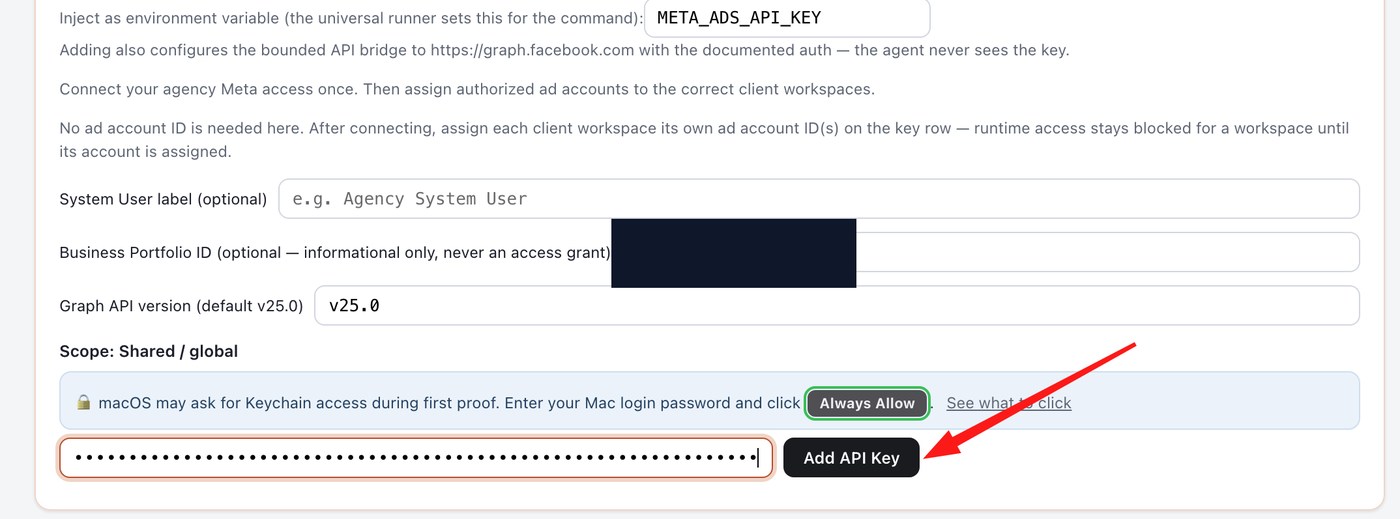 Outloop add Meta Ads access form with the optional Business Portfolio ID field, Graph API version, shared global scope, macOS Keychain Always Allow note, and the pasted token shown only as dots.