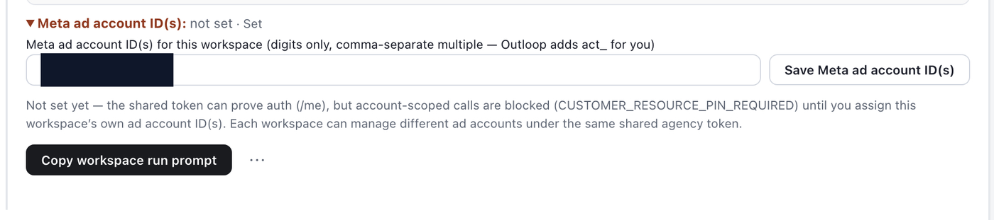 Outloop workspace Meta Ads row with the Meta ad account ID field where digits-only account IDs are entered and saved.