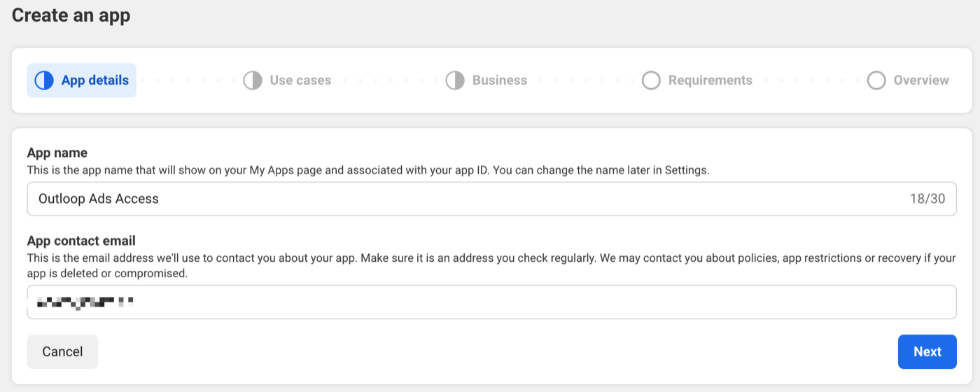 Meta Developers create-app screen showing the App details step with a neutral app name filled in.