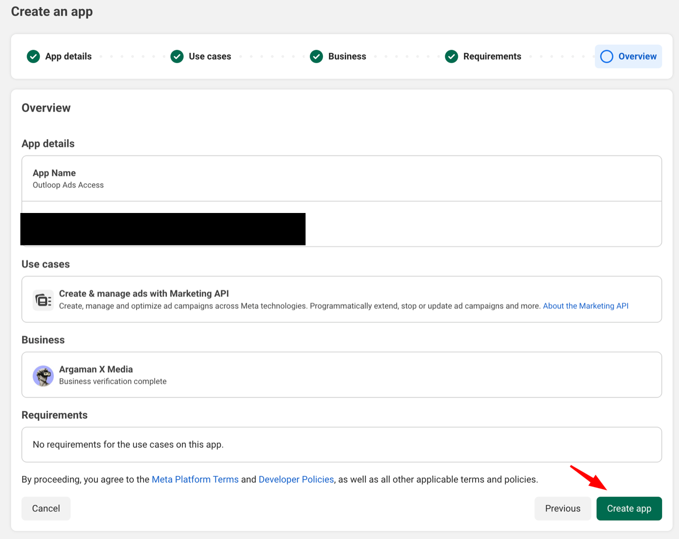 Meta Developers overview step summarizing app details, use case, and business before creating the app.