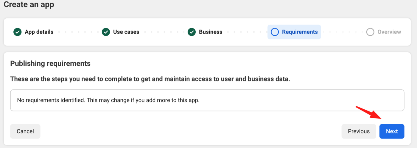 Meta Developers publishing requirements step showing no requirements identified.