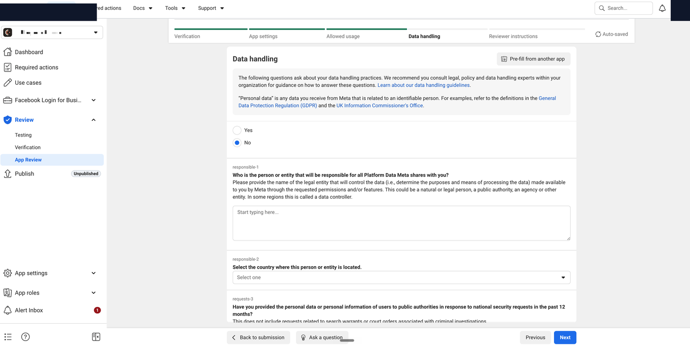 Meta App Review Data handling tab showing the processors question and the responsible-entity (data controller) question, with the profile photo and app name redacted.