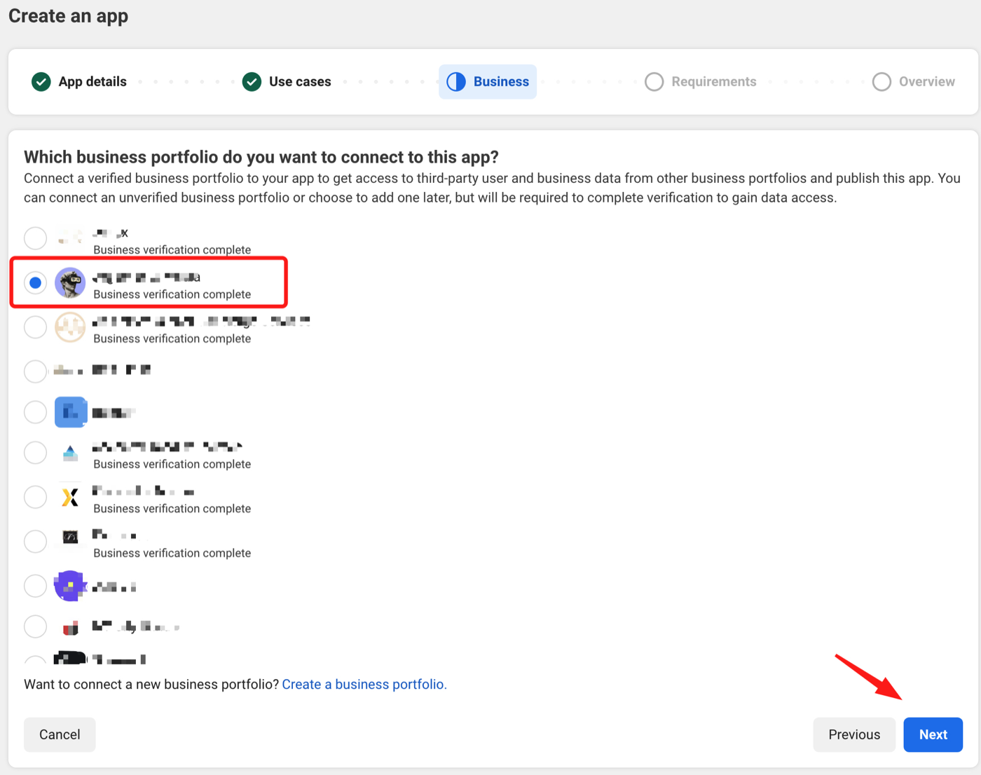 Meta Developers business step showing a verified business portfolio selected from the list.