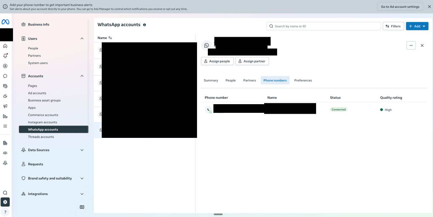 Meta Business Settings showing WhatsApp accounts, the selected WhatsApp Business Account, and its WABA ID.