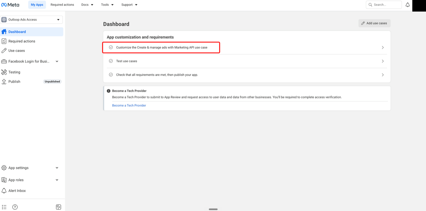 Meta app dashboard highlighting the customize Marketing API use case action.