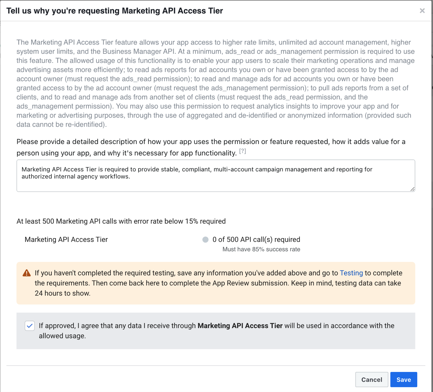 Meta App Review screen showing Marketing API Access Tier testing requirement and API call threshold.