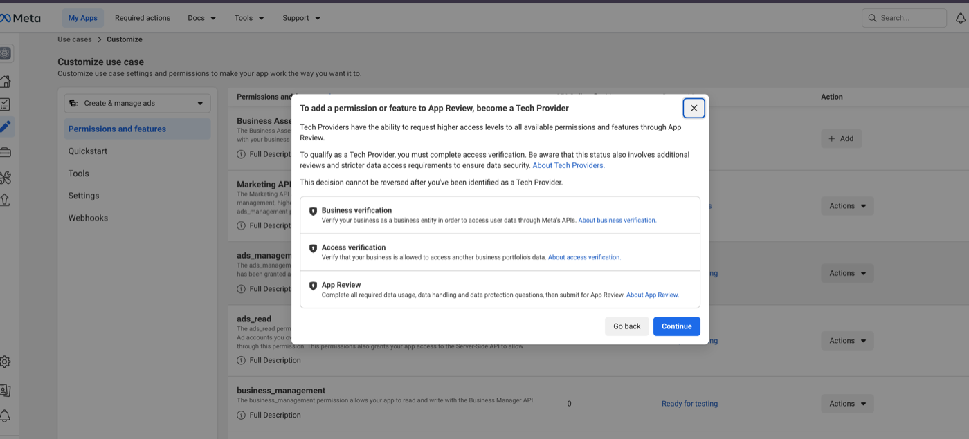 Meta permissions screen with the Become a Tech Provider modal explaining business verification, access verification, and App Review.