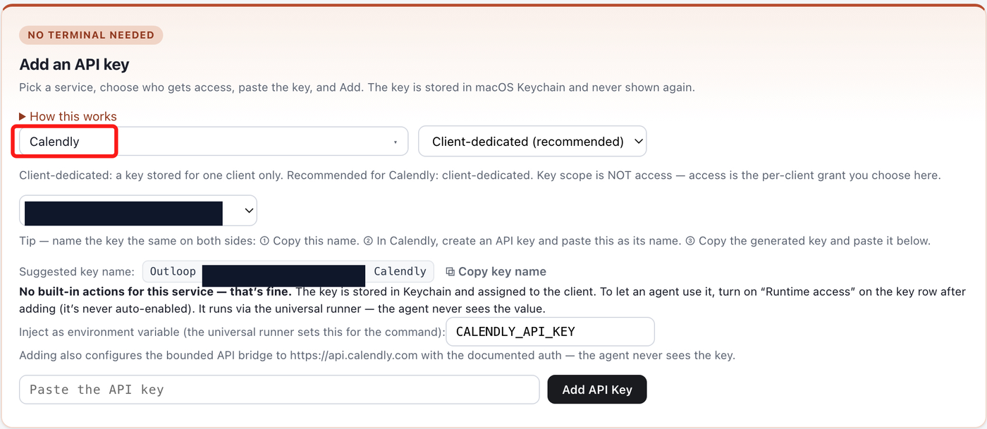 Outloop Add an API key panel with Calendly selected, a client workspace chosen, and the suggested key name shown.