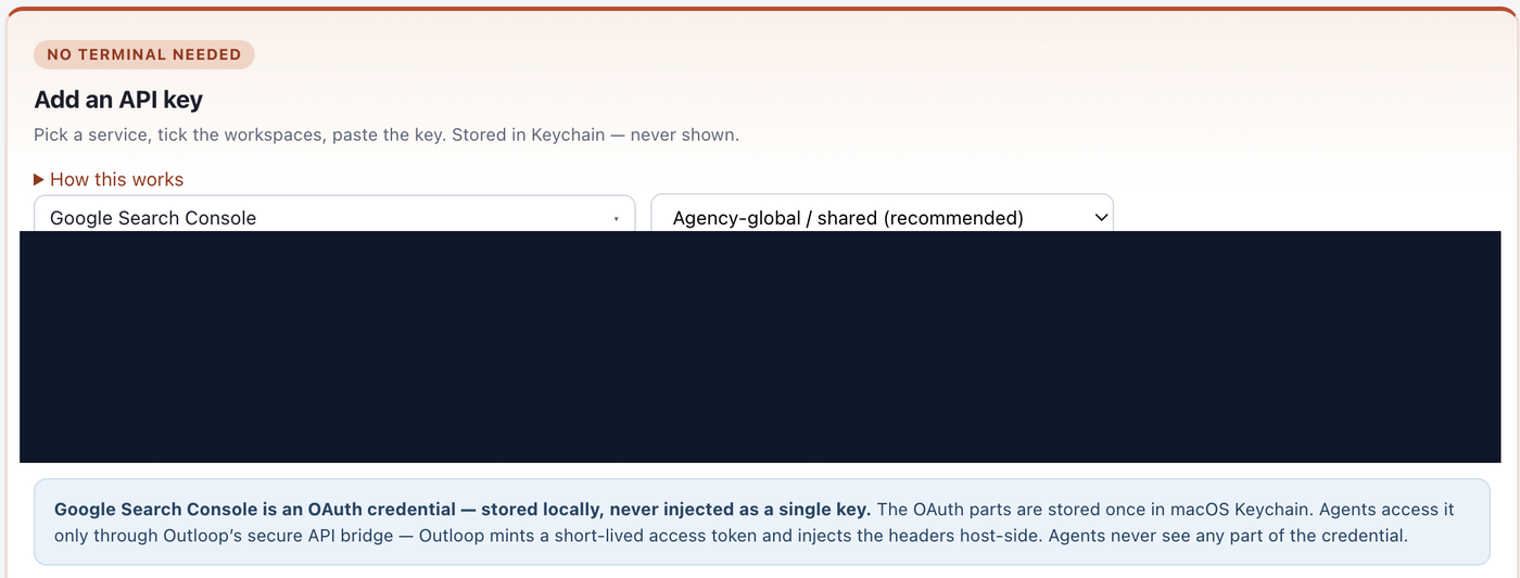 Outloop Add an API key screen with Google Search Console selected, Agency-global shared scope, and the workspace list redacted.