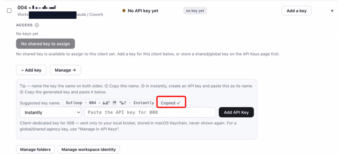 Outloop Add an API key panel with Instantly selected, a client workspace chosen, and the suggested key name copied.