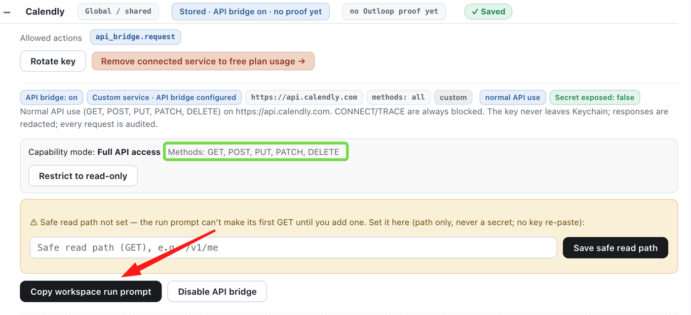 Outloop Calendly API bridge row showing Full API access capability mode, the safe read path field, and the Copy workspace run prompt button highlighted.