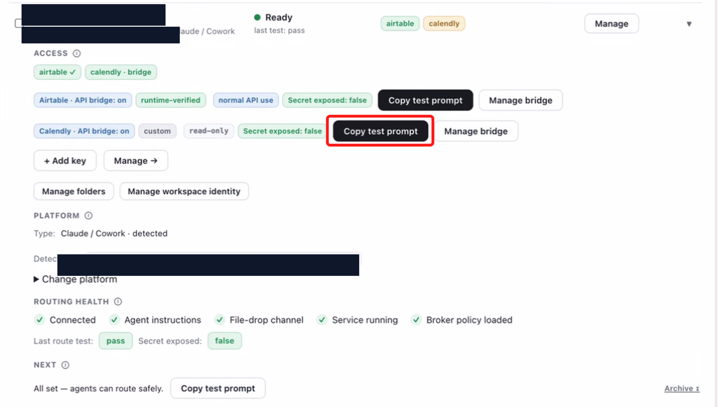 Outloop workspace showing the Calendly API bridge enabled, read-only, secret exposed false, with the Copy test prompt button highlighted.