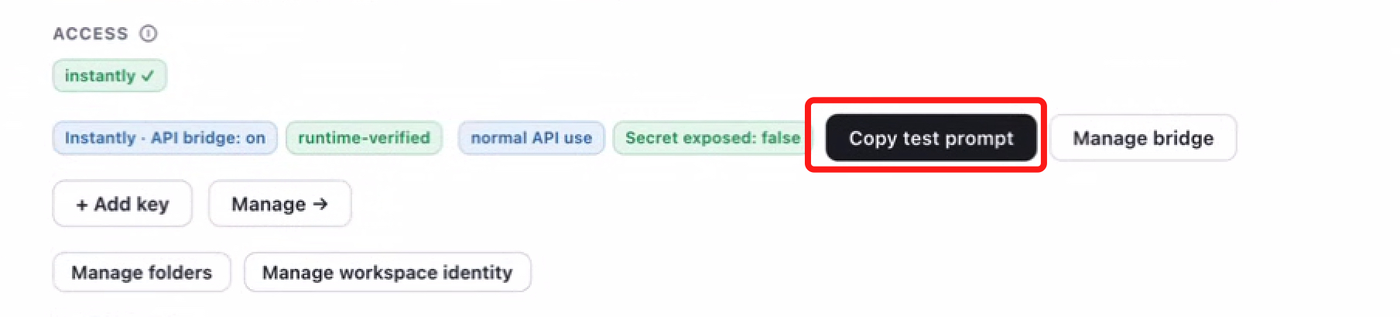 Outloop workspace showing the Instantly API bridge enabled, runtime-verified, secret exposed false, with the Copy test prompt button highlighted.