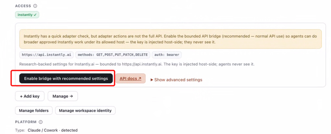 Outloop Enable bridge with recommended settings for Instantly, bounded to api.instantly.ai with bearer auth.