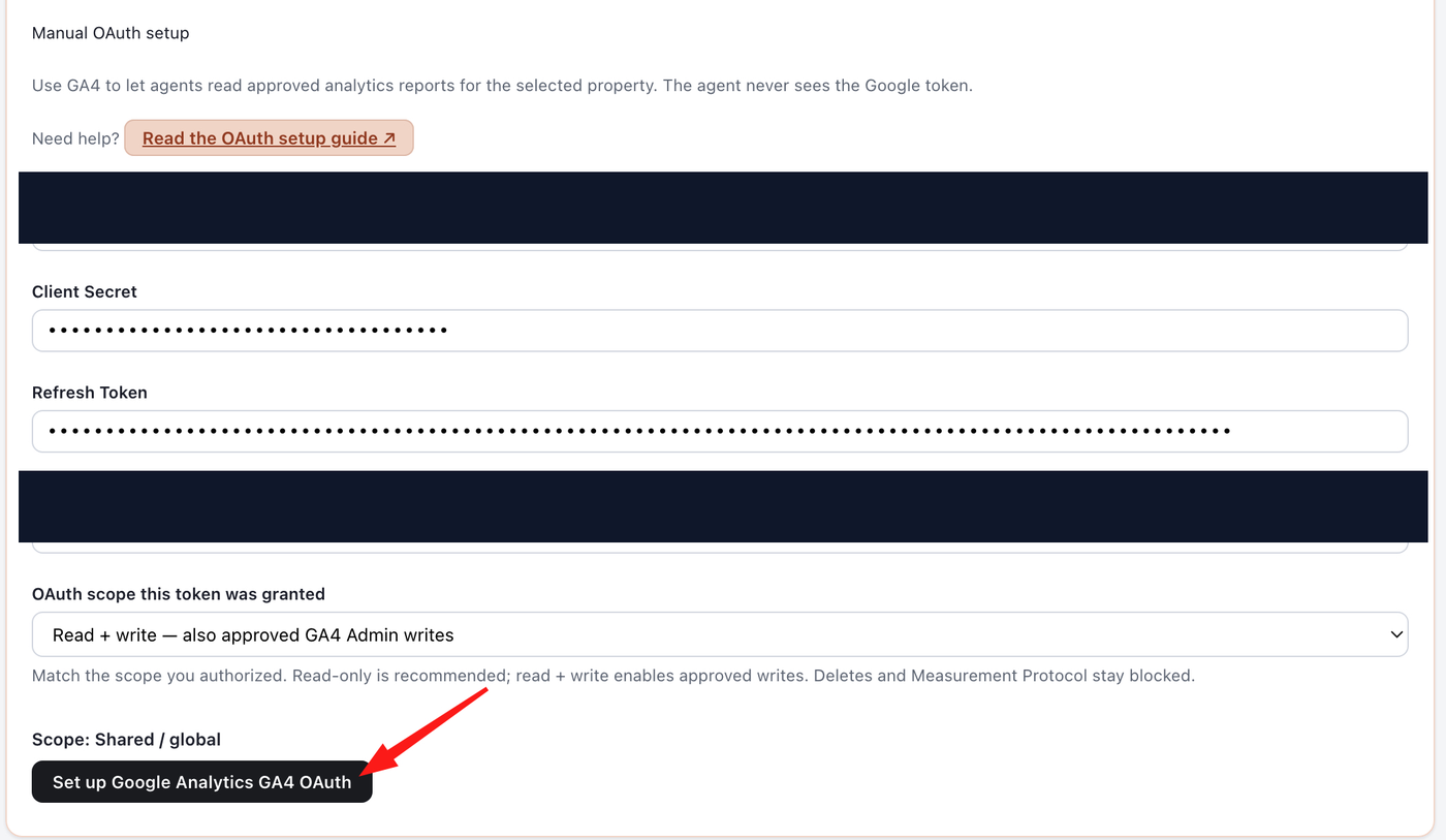 Outloop Google Analytics GA4 OAuth setup form with the client ID and Property ID redacted and the client secret and refresh token masked.