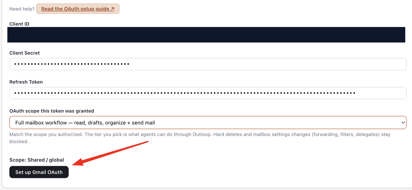 Set up Gmail OAuth credential in Outloop — client ID redacted, client secret and refresh token masked, and the Full mailbox workflow scope tier selected.