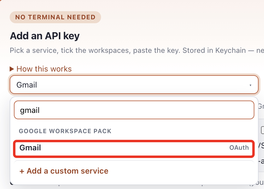 Select Gmail under Google Workspace Pack in Outloop when adding API access.