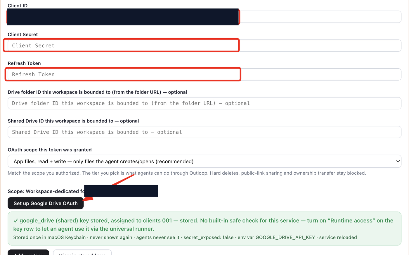 Outloop Google Drive manual OAuth setup form with client ID, client secret, and refresh token fields redacted, optional Drive folder ID and Shared Drive ID fields, and the stored confirmation showing secret_exposed false.