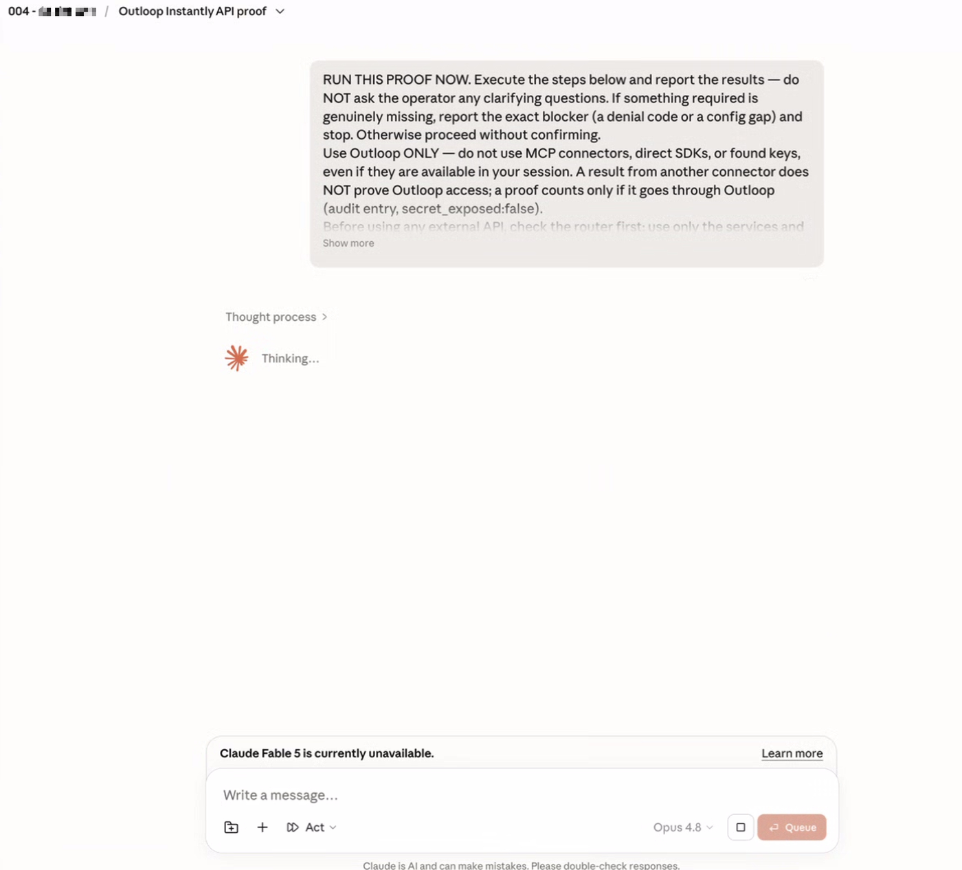An AI agent running the pasted Outloop Instantly API proof prompt.