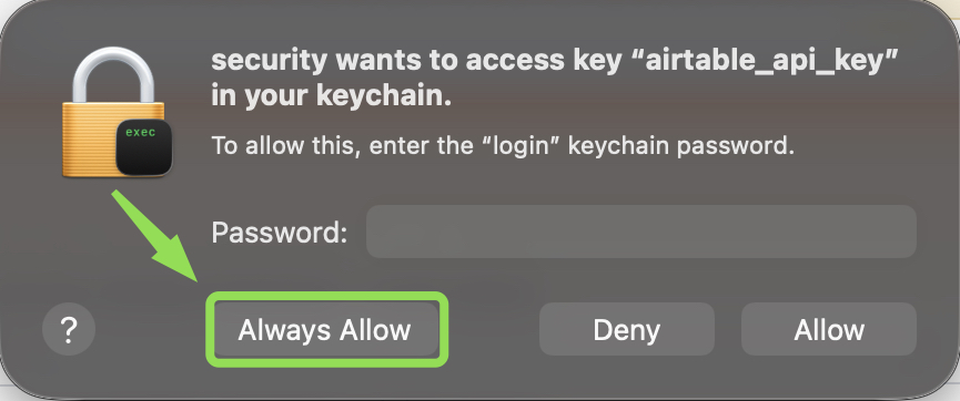 macOS Keychain permission dialog asking to allow access to a stored key, with the Always Allow button highlighted.
