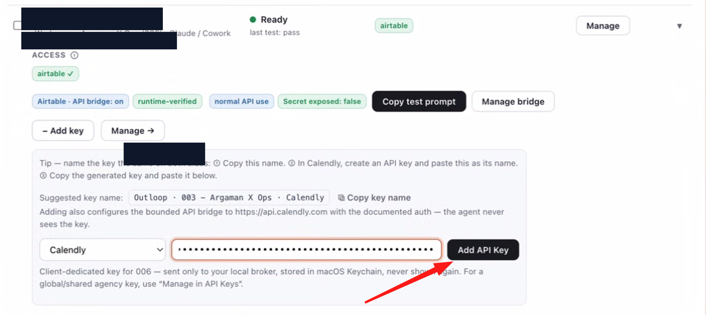 Outloop workspace key row with Calendly selected and the masked token pasted, ready to click Add API Key.