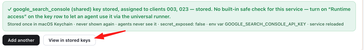 Outloop confirmation that the Google Search Console credential was stored locally, with View in stored keys highlighted.