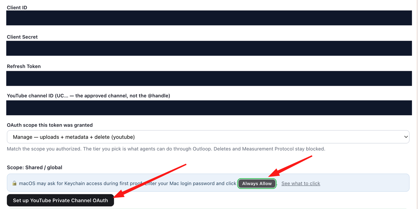 Outloop advanced YouTube OAuth setup pasting a refresh token, matching the granted scope tier, with the macOS Keychain Always Allow reminder; credential fields redacted.