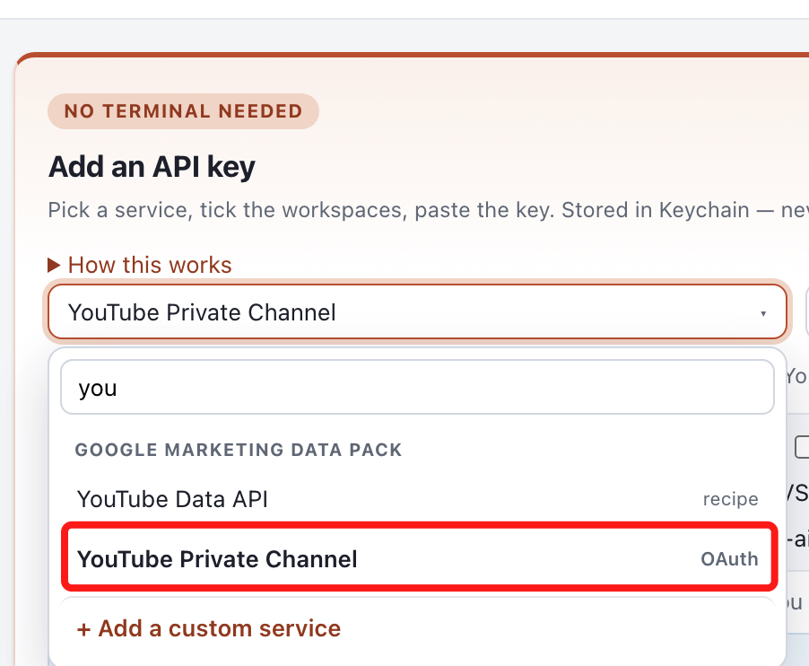 Outloop service picker showing YouTube Private Channel with the OAuth tag under the Google Marketing Data Pack.