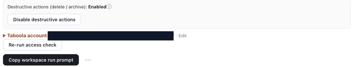 The Destructive actions row on an Outloop Taboola key, reading Enabled, with a Disable destructive actions button and the mapped account redacted.