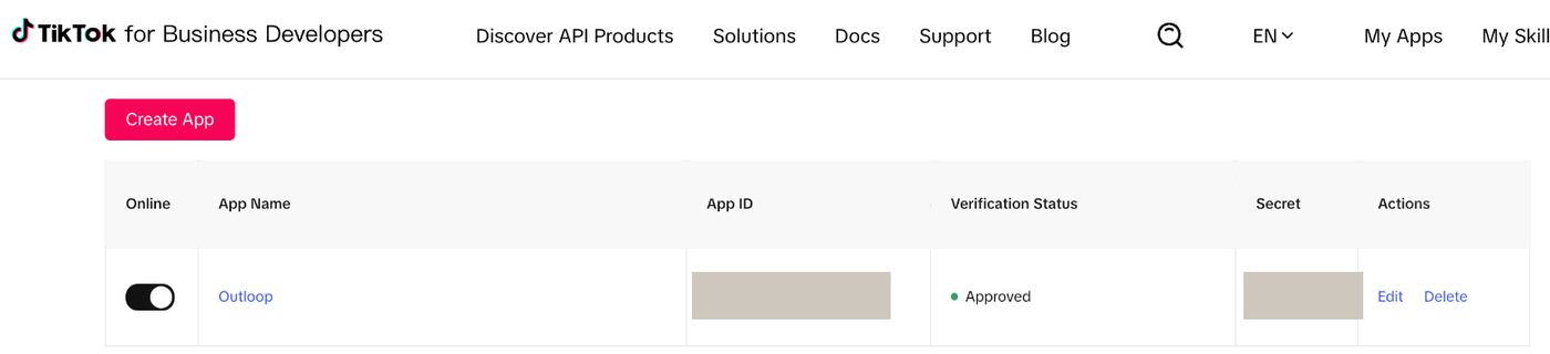 TikTok My Apps list showing an approved developer app with the Online toggle enabled, Verification Status Approved, and the App ID and Secret columns redacted.