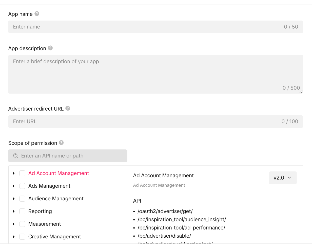 TikTok Create New App dialog showing the App name, App description, Advertiser redirect URL and Scope of permission fields with their character counters.