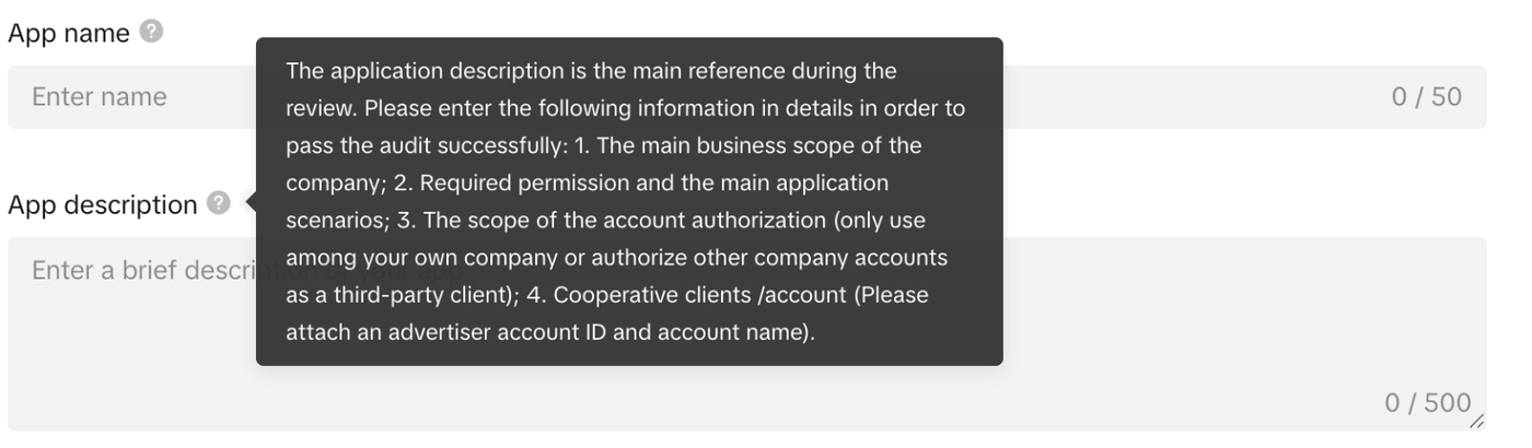 TikTok App description field help tooltip listing the four elements the application description must contain to pass the audit.