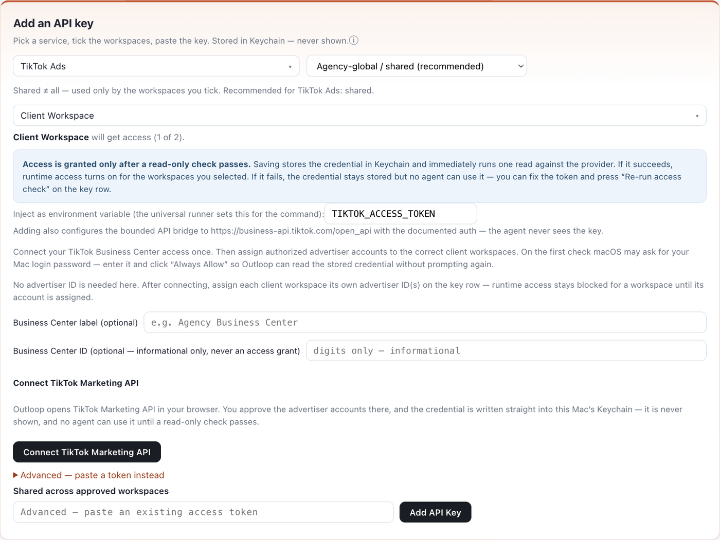 Outloop Add an API key panel with TikTok Ads selected, showing the agency-global scope, the workspace picker, the read-only check notice, the optional Business Center fields, and the Connect TikTok Marketing API button.