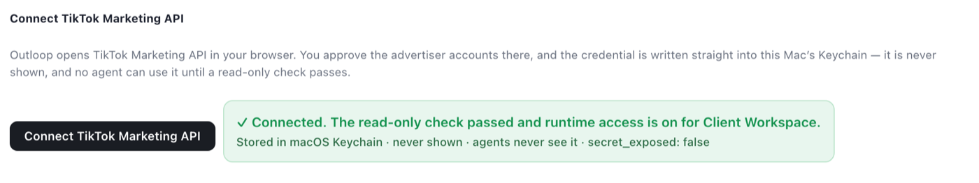 Outloop TikTok connect panel showing a green connected confirmation that the read-only check passed and runtime access is on, with the note that the credential is stored in the macOS Keychain and secret_exposed is false.